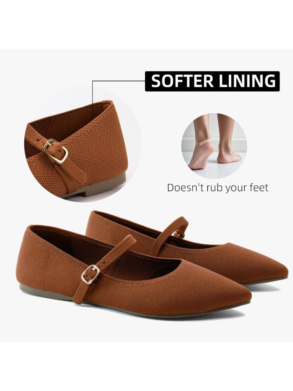 Women's Brown Comfortable Pointed Toe Adjustable Strap Knit Ballet Flat Shoes - Picture 5 of 6